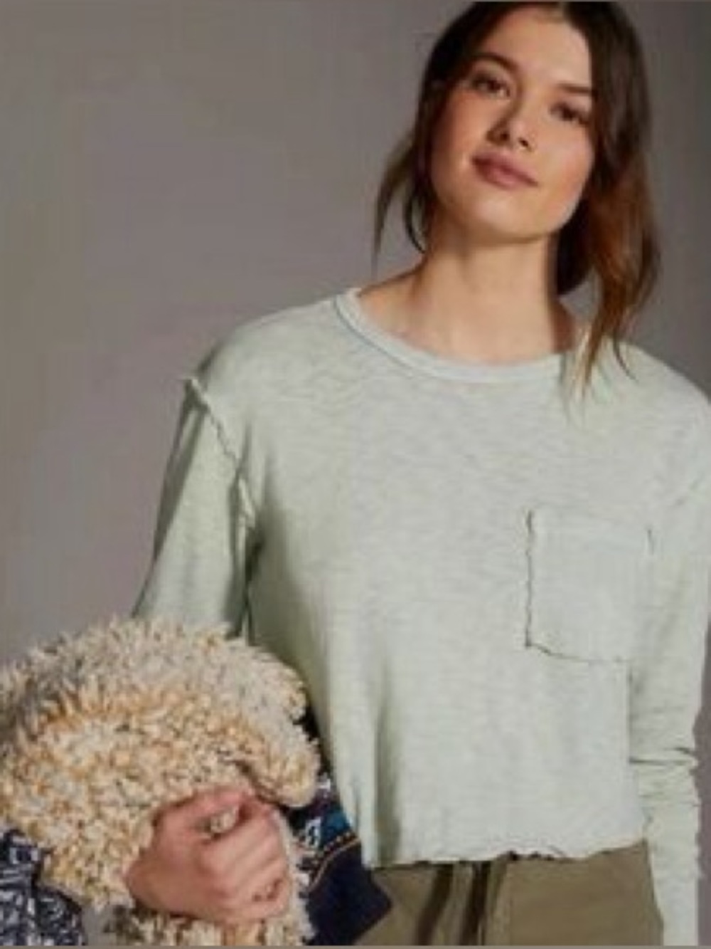 T.la from Anthropologie Green Raw Edge Cropped Long Sleeve Pocket Tee, XS